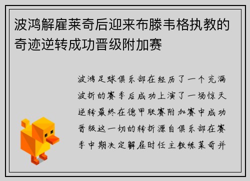 波鸿解雇莱奇后迎来布滕韦格执教的奇迹逆转成功晋级附加赛